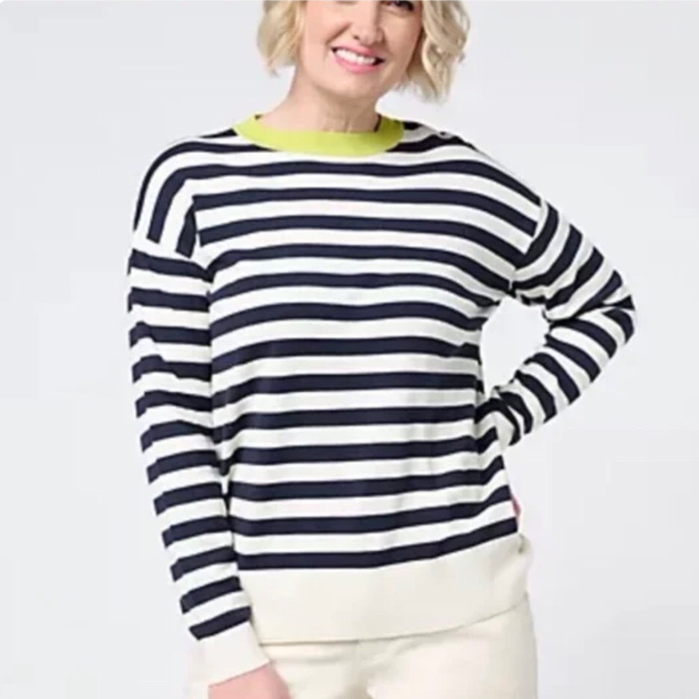 NWOT Carla Rockmore Sweater Midnight Navy Cream Lime Crew 3X French Girl Casual